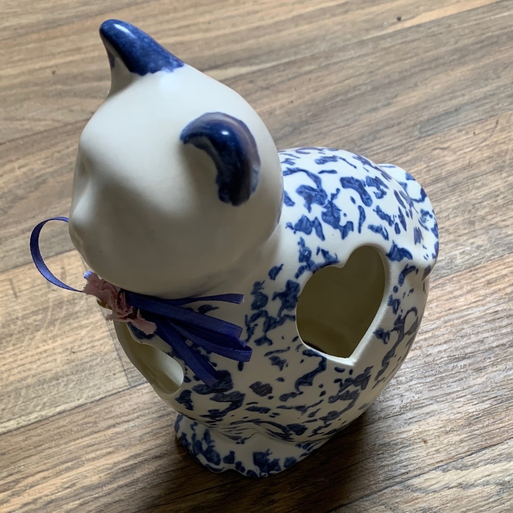 Blue and White Sponeware Cat Candle Holder with Heart Cutouts